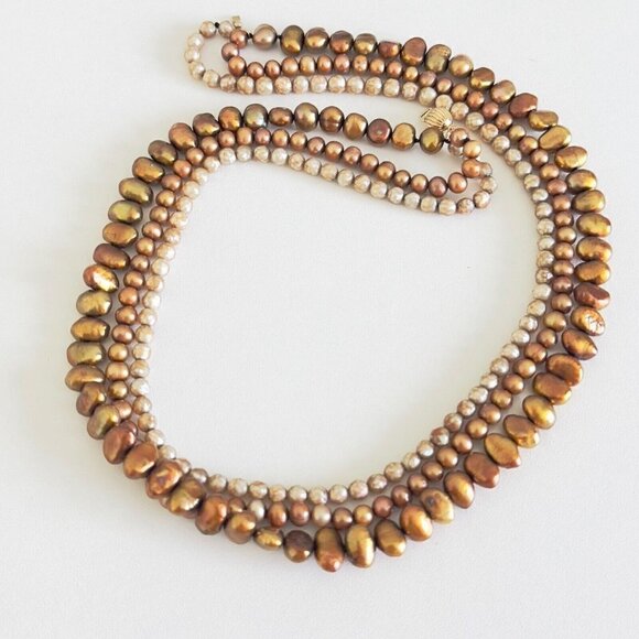 Vintage 14K Yellow Gold Triple Strand Genuine Brown Pearl Round Baroque Necklace - Picture 9 of 10